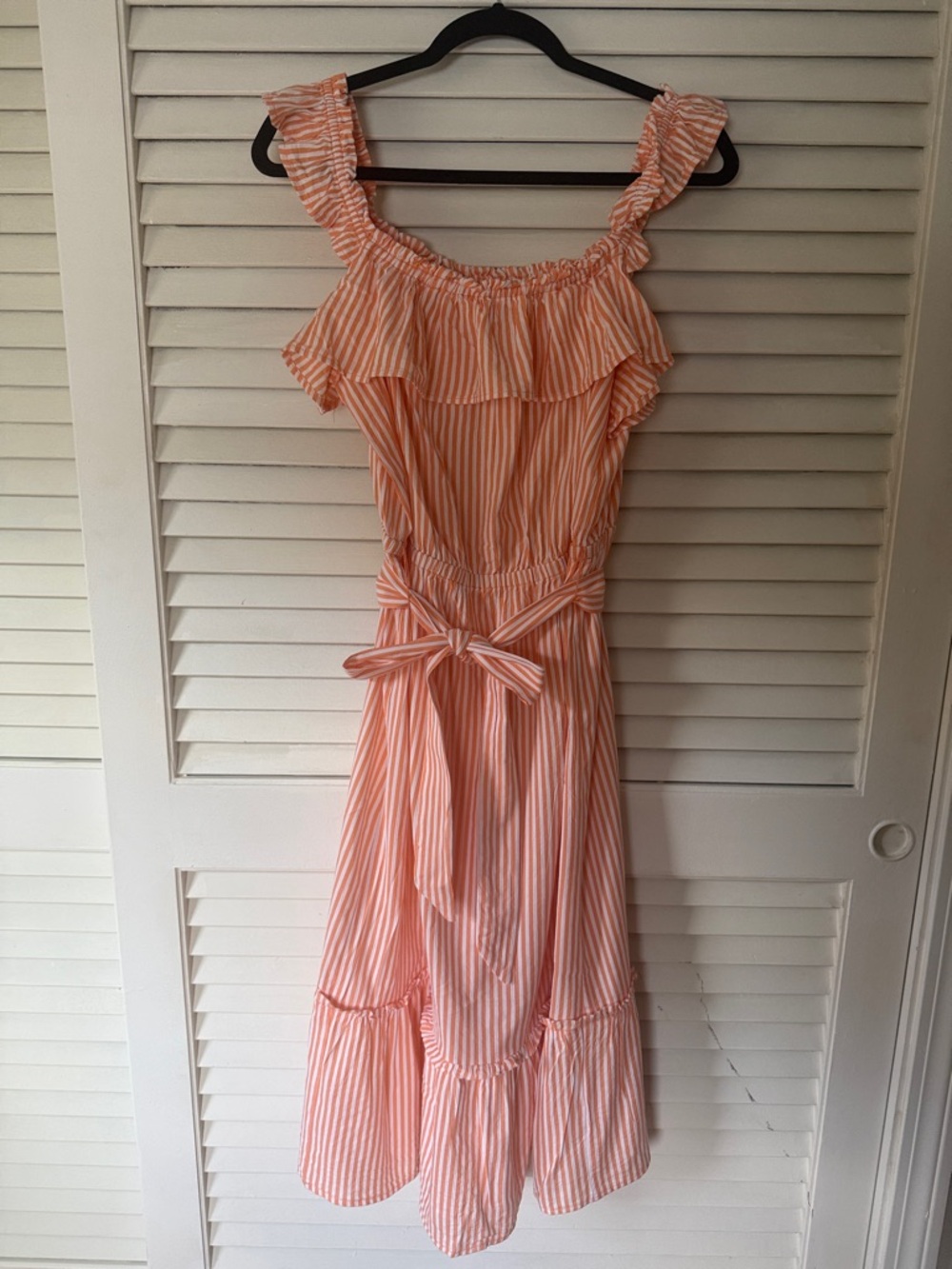 Michael Kors Peach-White Striped Ruffle Midi Dress